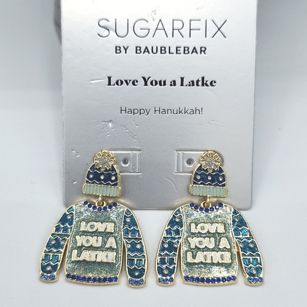 5 for $25! SugarFix BaubleBar Love You a Latke Hanukha Blue Statement Earrings
